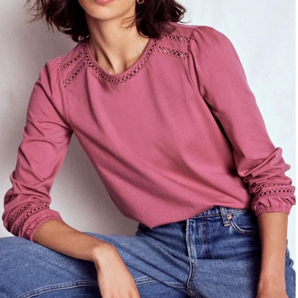 Boden Flo Trim Detail Long Sleeve Cotton Top Pink Size 6